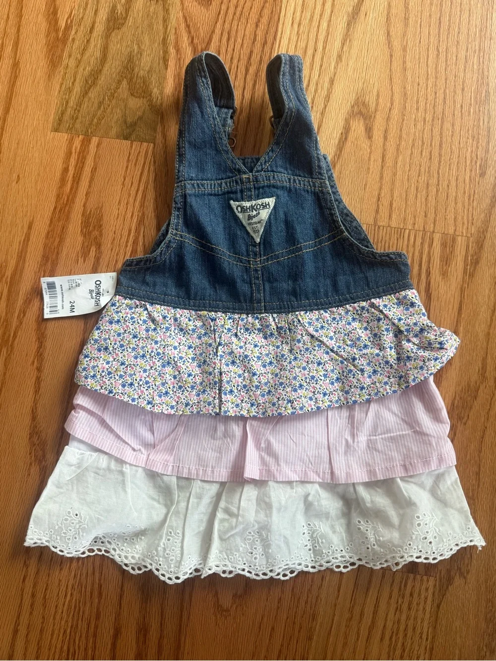 OshKosh B'gosh Denim Ruffled Floral & Eyelet Overall Dress - Blue, Pink, White